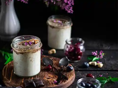 Desayuno para gastritis con porridge de avena en tarro de cristal, acompañado de frutas suaves, arándanos y compota de cerezas, ideal para proteger la mucosa gástrica