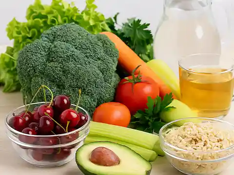 Mesa con frutas, verduras, agua y cereales integrales, representando los alimentos recomendados para reducir el ácido úrico y prevenir la inflamación articular.