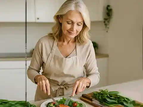 Mujer madura preparando un plato con verduras, aguacate y salmón, alimentos clave en la dieta para la menopausia para mejorar la energía y controlar el peso.
