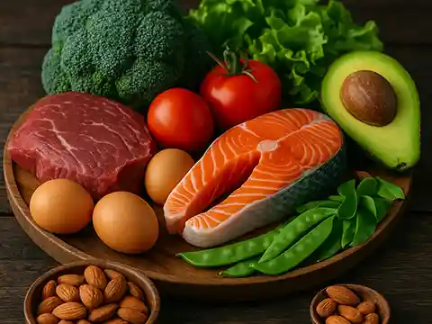 Imagen de alimentos naturales como carne, verduras, aguacate y huevos sobre fondo rústico, representando la dieta paleo y su enfoque basado en comida real y sin procesar.