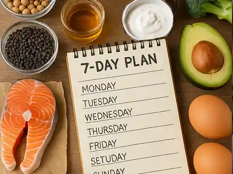 Fotografía en plano cenital con alimentos reales beneficiosos para el intestino, junto a una libreta con la planificación de un plan semanal. Perfecta para ilustrar artículos sobre microbiota, salud digestiva o programas nutricionales personalizados.