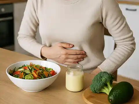 Mujer joven con dolor abdominal leve, imagen representativa de los síntomas digestivos asociados a la disbiosis intestinal.
