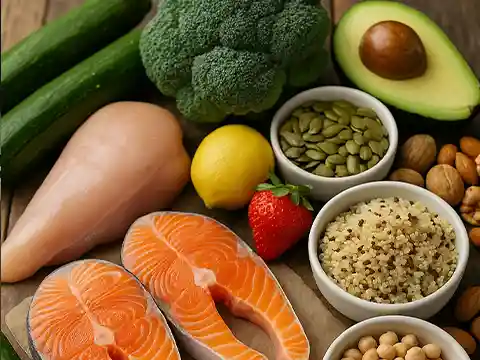 Alimentos frescos y saludables recomendados en la dieta para SIBO, como verduras bajas en FODMAP, pescado y huevos.