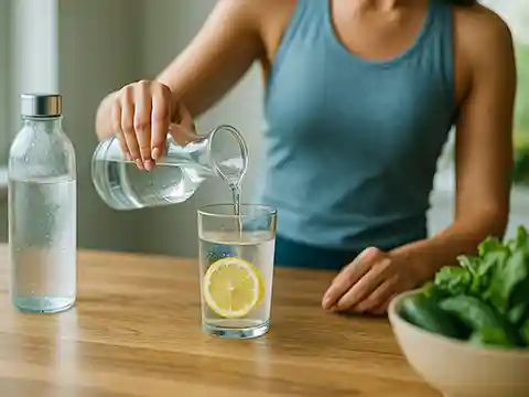Mujer sirviendo agua filtrada de una jarra en un vaso con limón sobre la encimera de cocina.