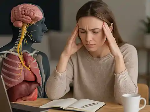 Mujer de mediana edad sentada en calma junto a una ventana, en actitud reflexiva, con luz natural suave, transmitiendo bienestar y conexión cuerpo-mente.
